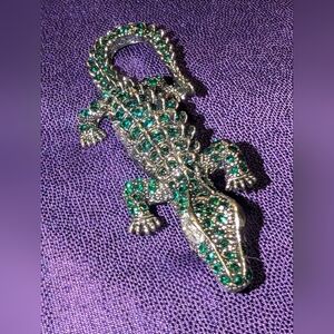 Antique Style Green Alligator Gator Crocodile Rhinestones Bling Brooch